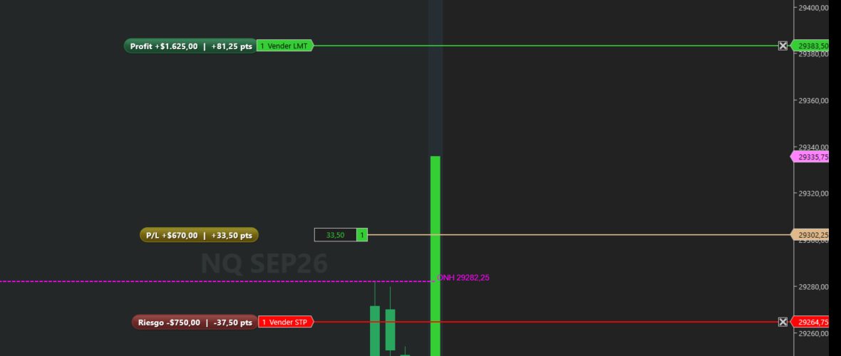 OrderRiskLabels mostrando profit, P/L y riesgo junto a cada orden